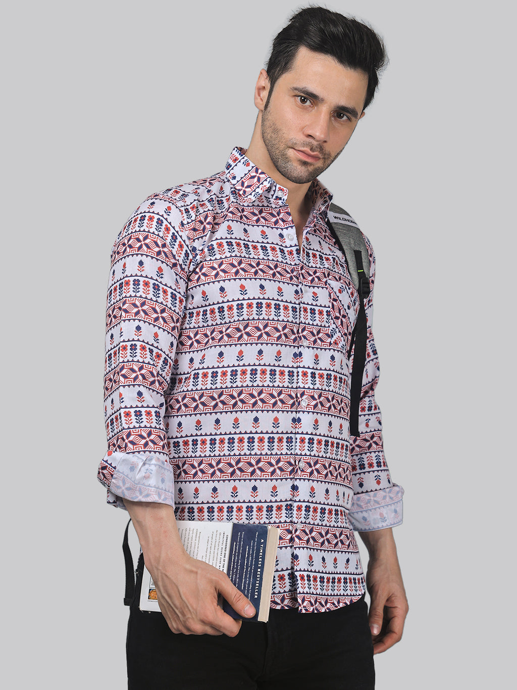 What is the composition of the poplin fabric used in this shirt?