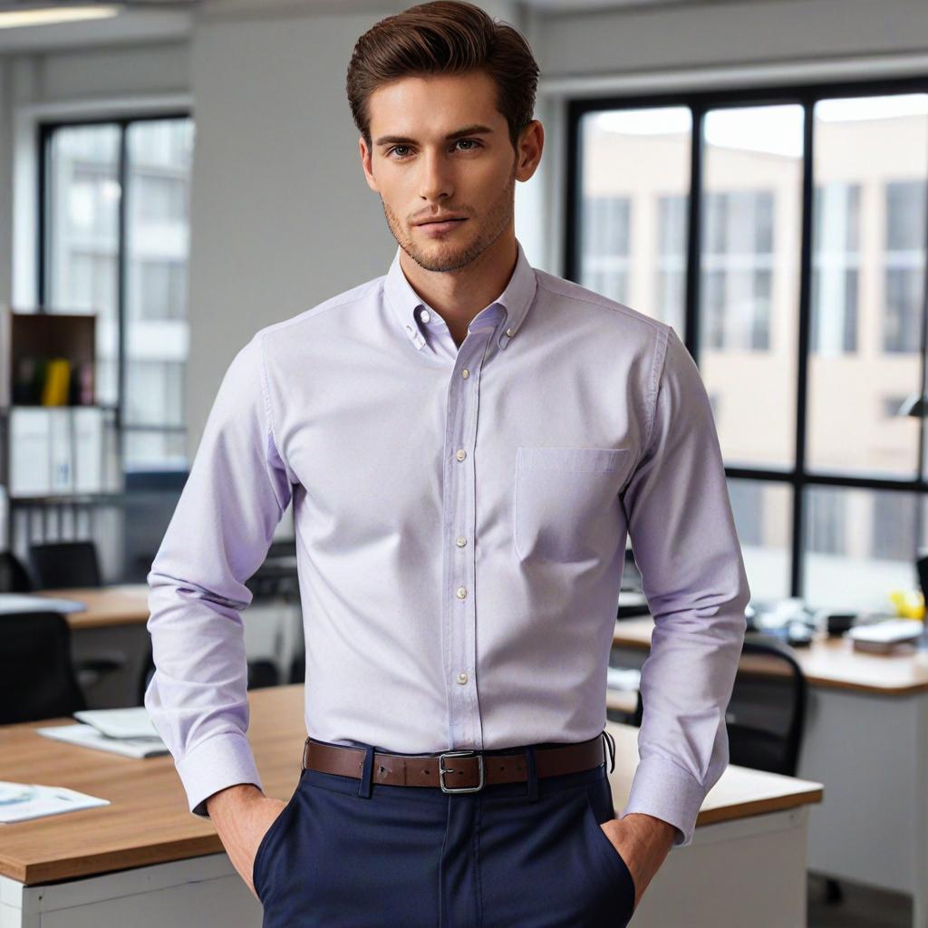 model in oxford shirt in a office