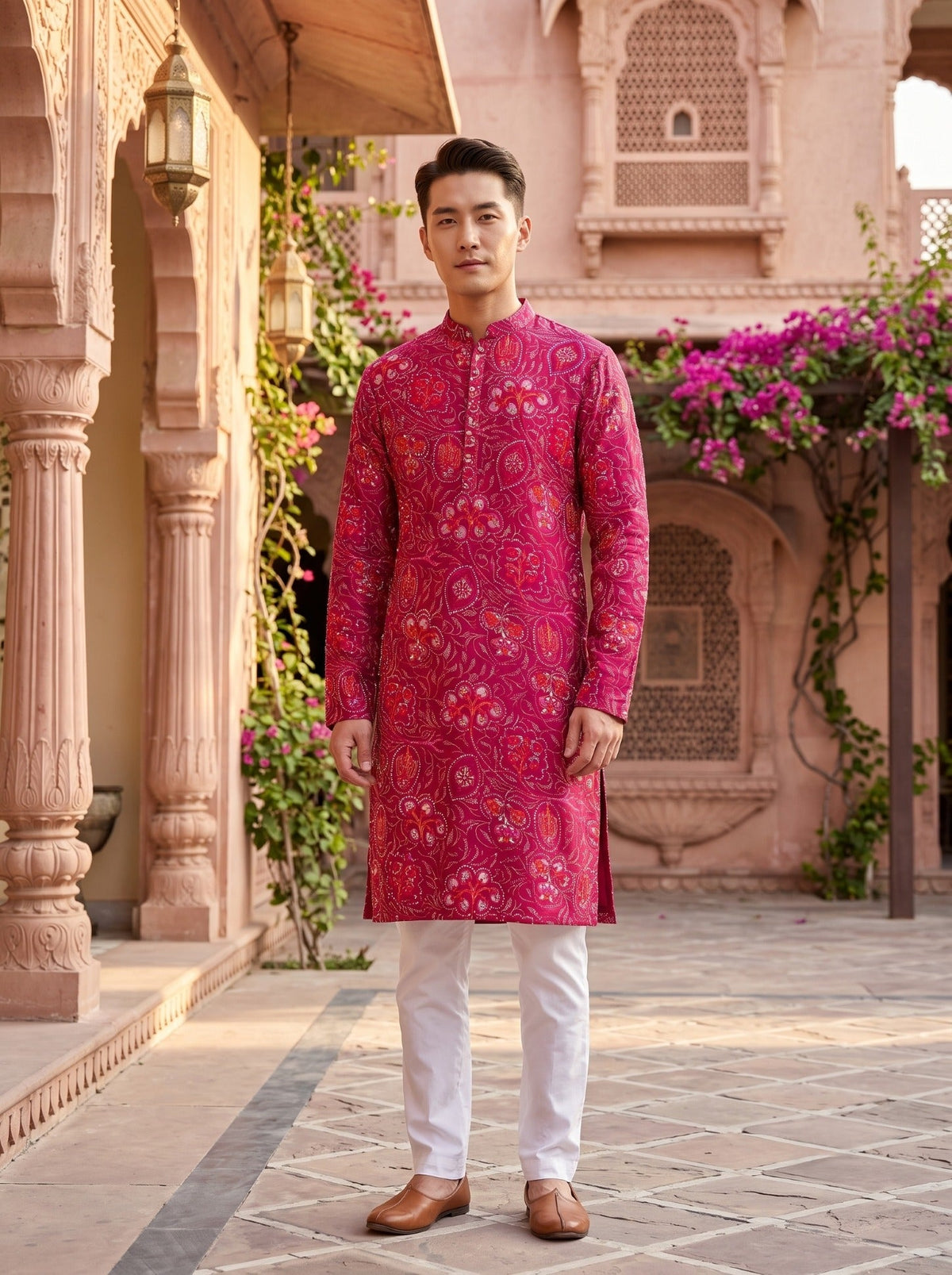 Men's Magenta Paisley Printed Viscose Rayon Kurta