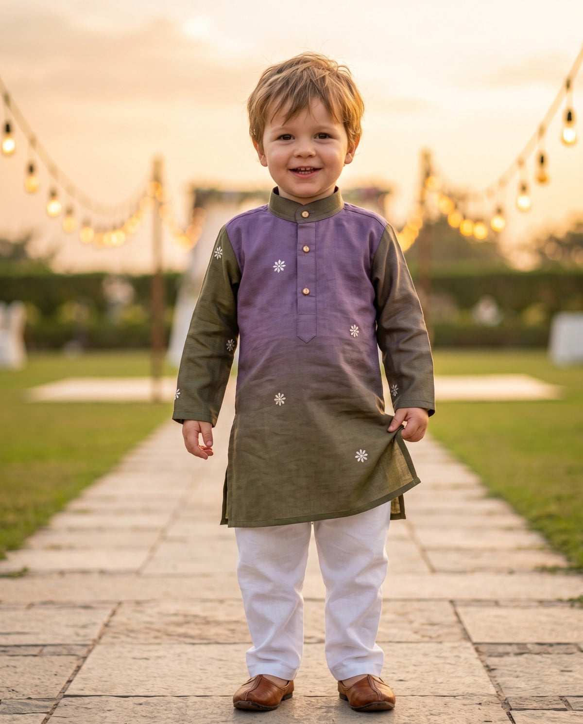 TryBuy lavender and olive Lachka embroidered kids kurta, 2–3 years, garden front view