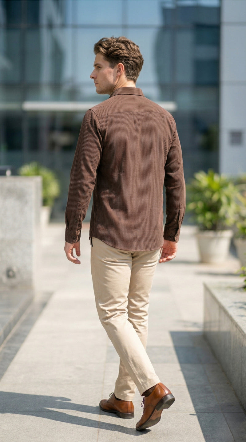 Men Brown Textured Striped Slim Fit Casual Shirt 9