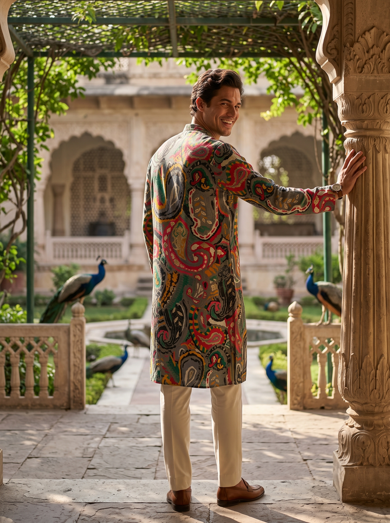 Men's Vibrant Multicolor Paisley Print Art Silk Blend Kurta 10