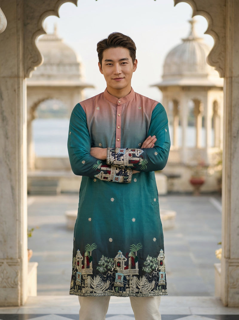 Men's Ombre Teal-Pink Kurta with Intricate Folk Art Embroidery 8