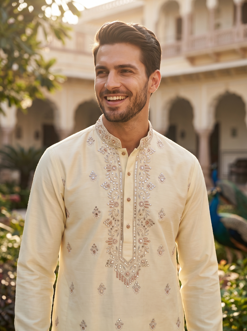Men's Ivory Art Silk Blend Festive Embroidered Kurta 8