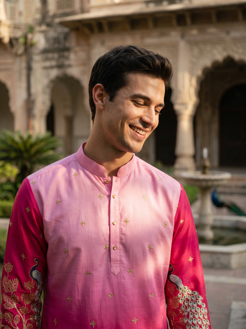 Men's Ombre Pink Peacock Embroidered Art Silk Kurta 10