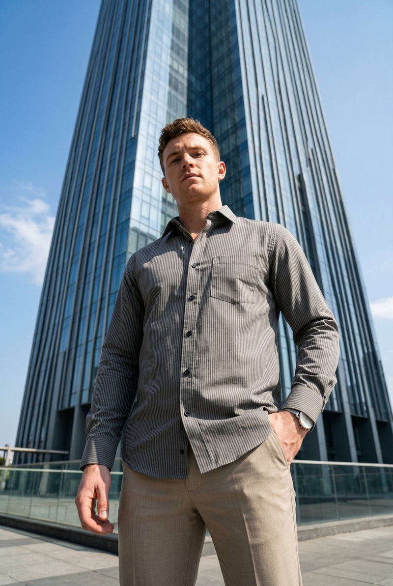 Men Grey Textured Striped Slim Fit Casual Shirt 4