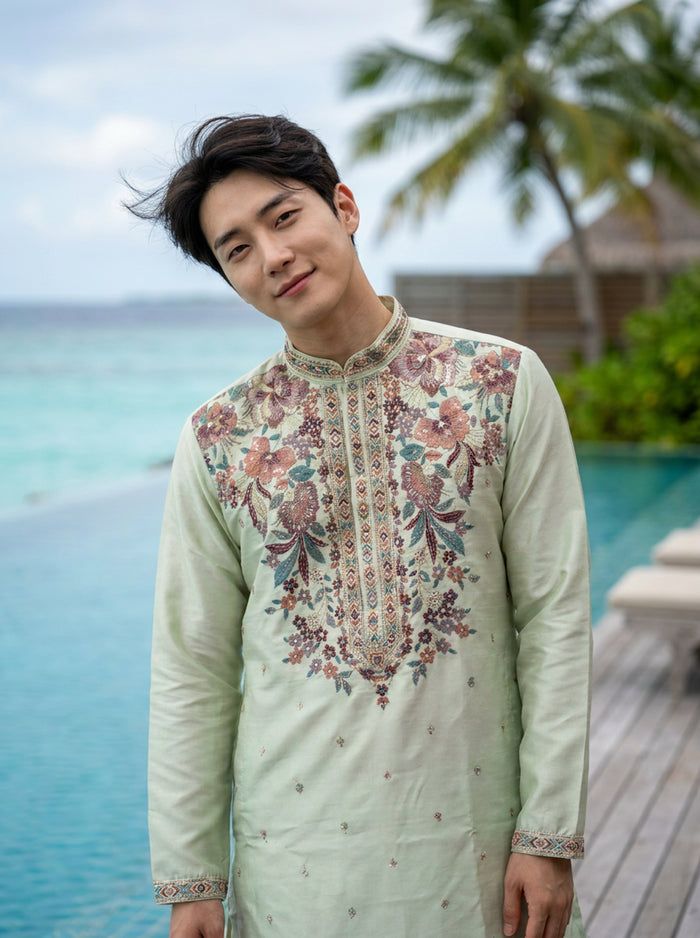 Men's Mint Green Art Silk Embroidered Festive Kurta 2