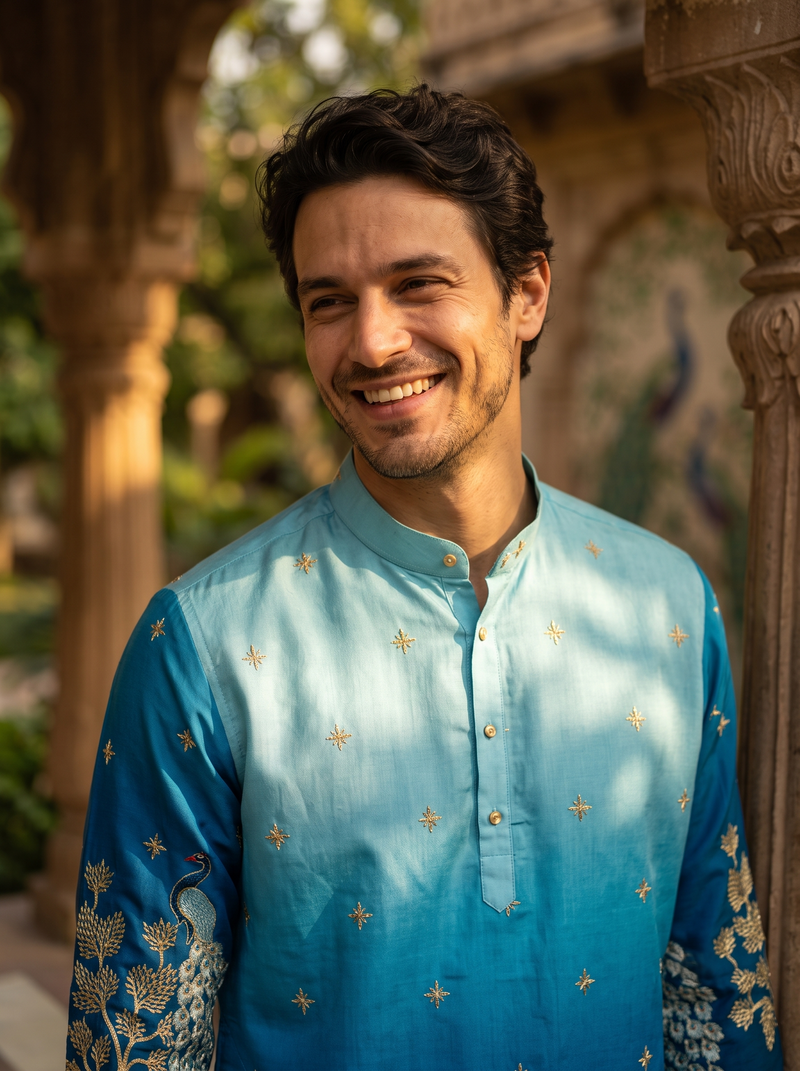 Men's Ombre Blue Peacock & Forest Embroidered Art Silk Kurta 7