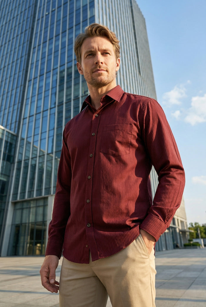 Men Burgundy Textured Striped Slim Fit Casual Shirt 2