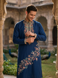 Men's Navy Blue Floral Embroidered Art Silk Blend Kurta Pyjama Set