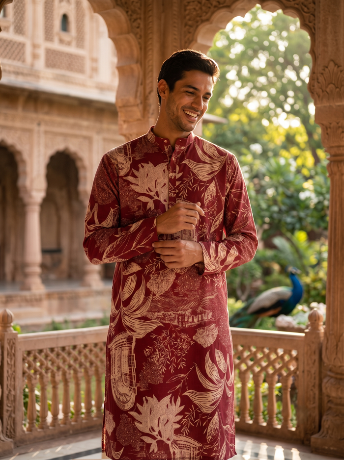 Men's Maroon Floral & Architectural Print Art Silk Blend Kurta 2