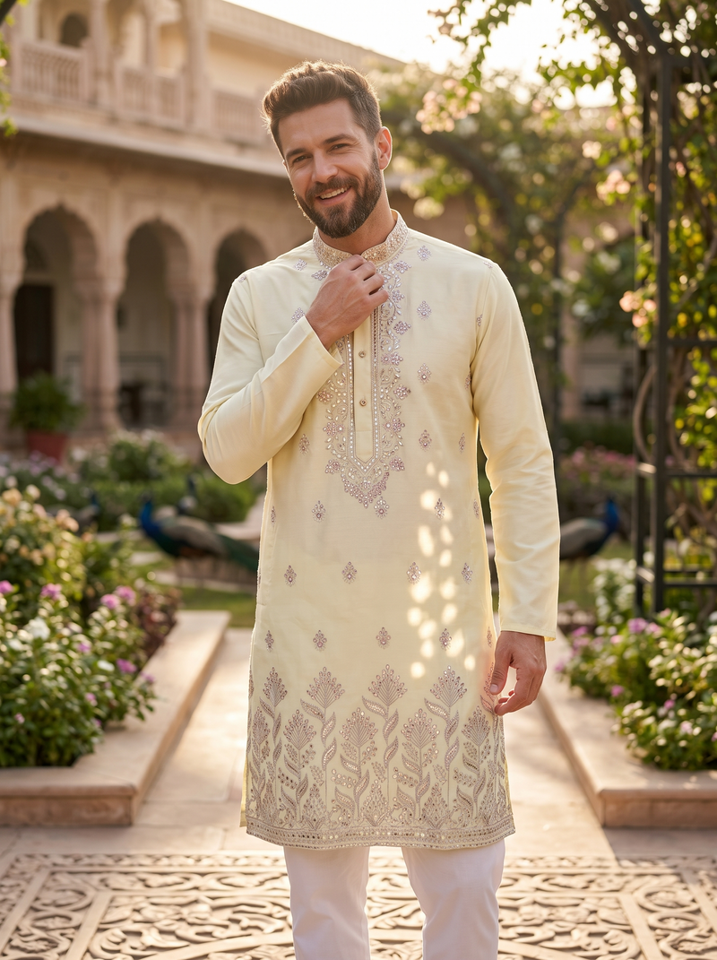 Men's Ivory Art Silk Blend Festive Embroidered Kurta 9