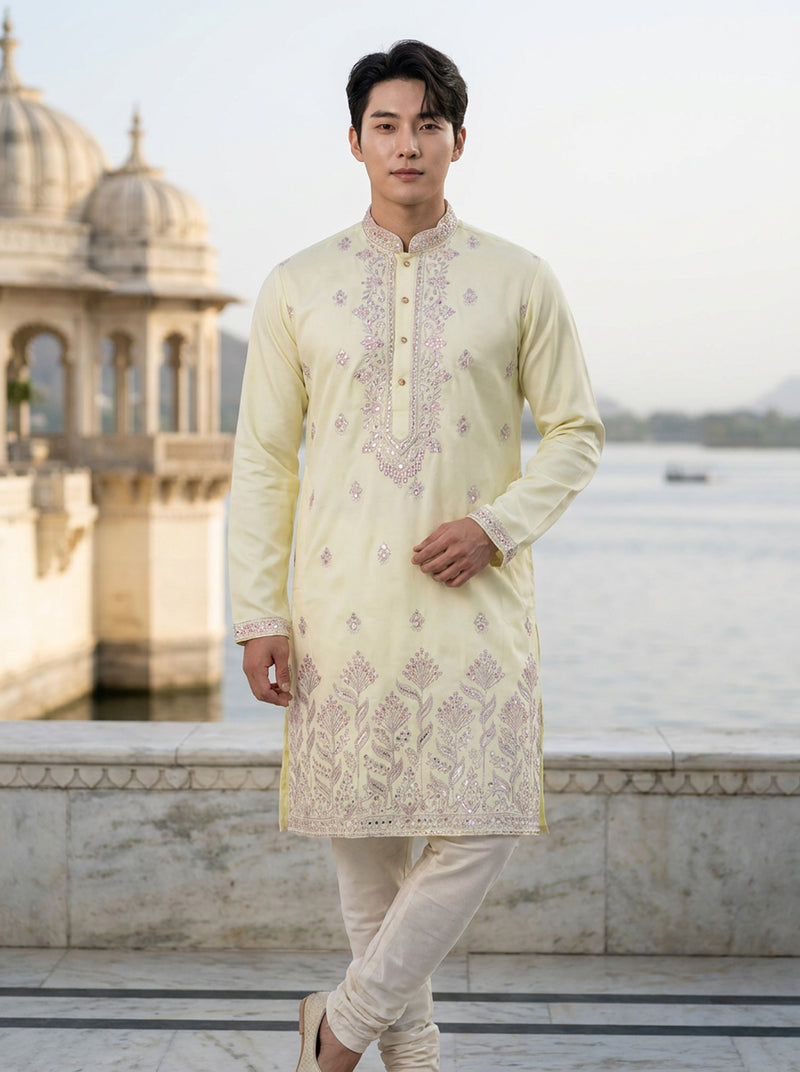 Men's Ivory Art Silk Blend Festive Embroidered Kurta 4
