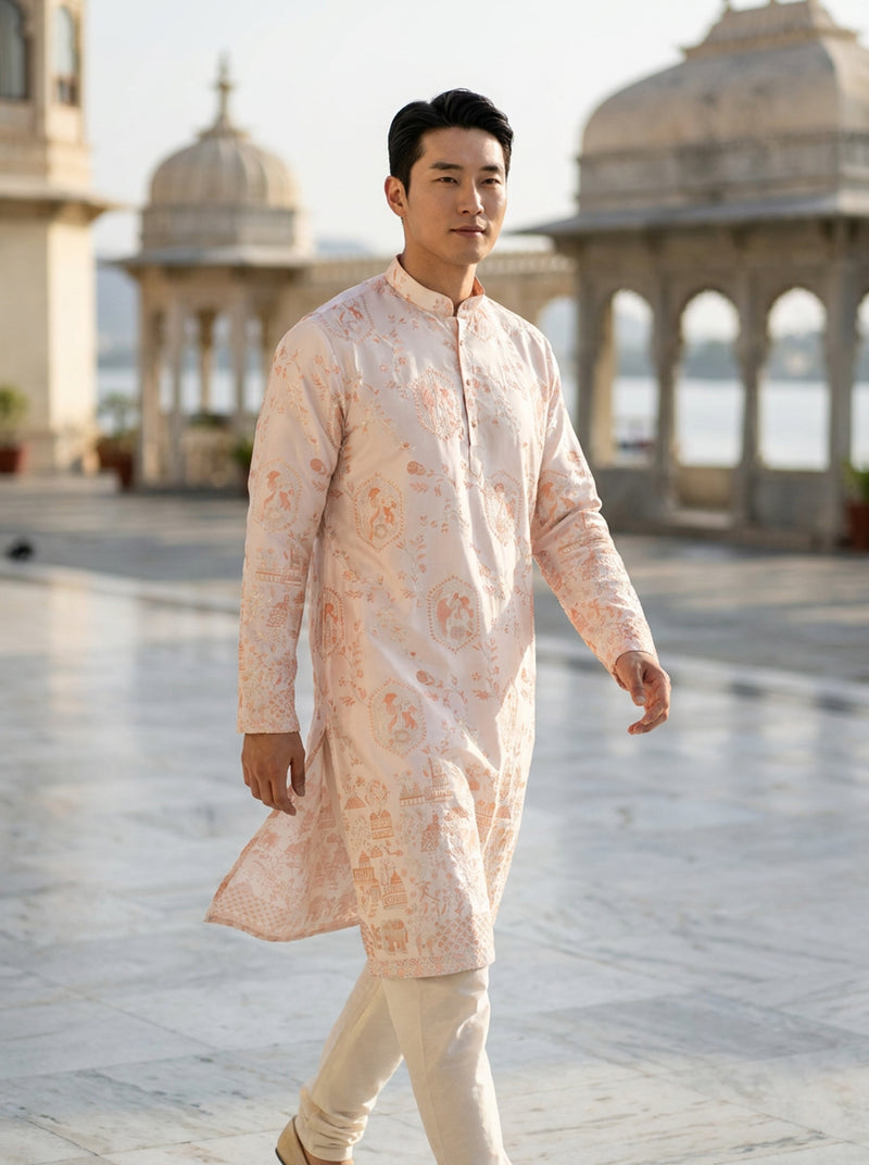 Men's Ivory Embroidered Art Silk Blend Festive Kurta 6