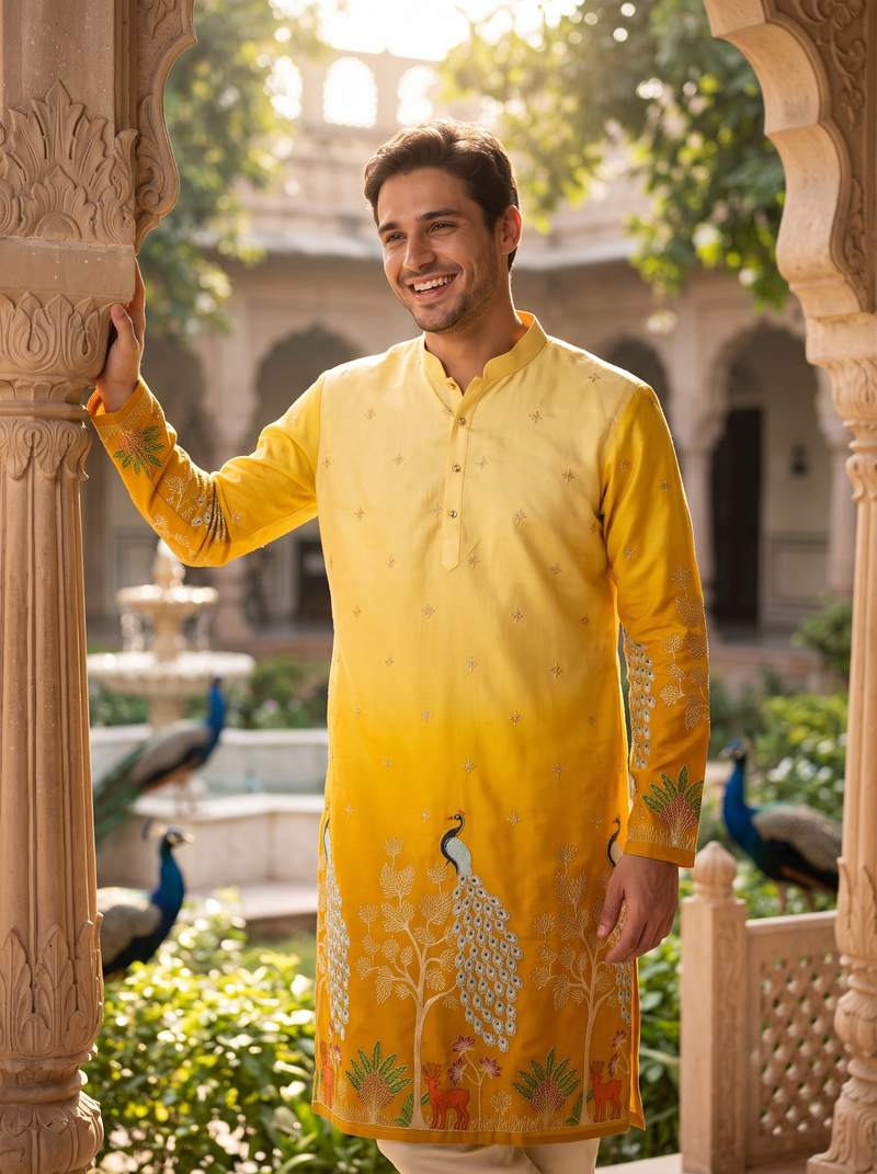 Men's Festive Yellow Ombre Art Silk Kurta with Peacock & Forest Embroidery 3