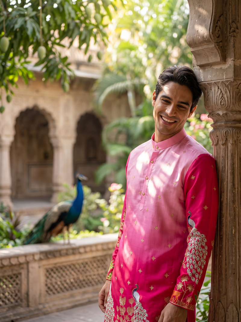 Men's Ombre Pink Peacock Embroidered Art Silk Kurta 3