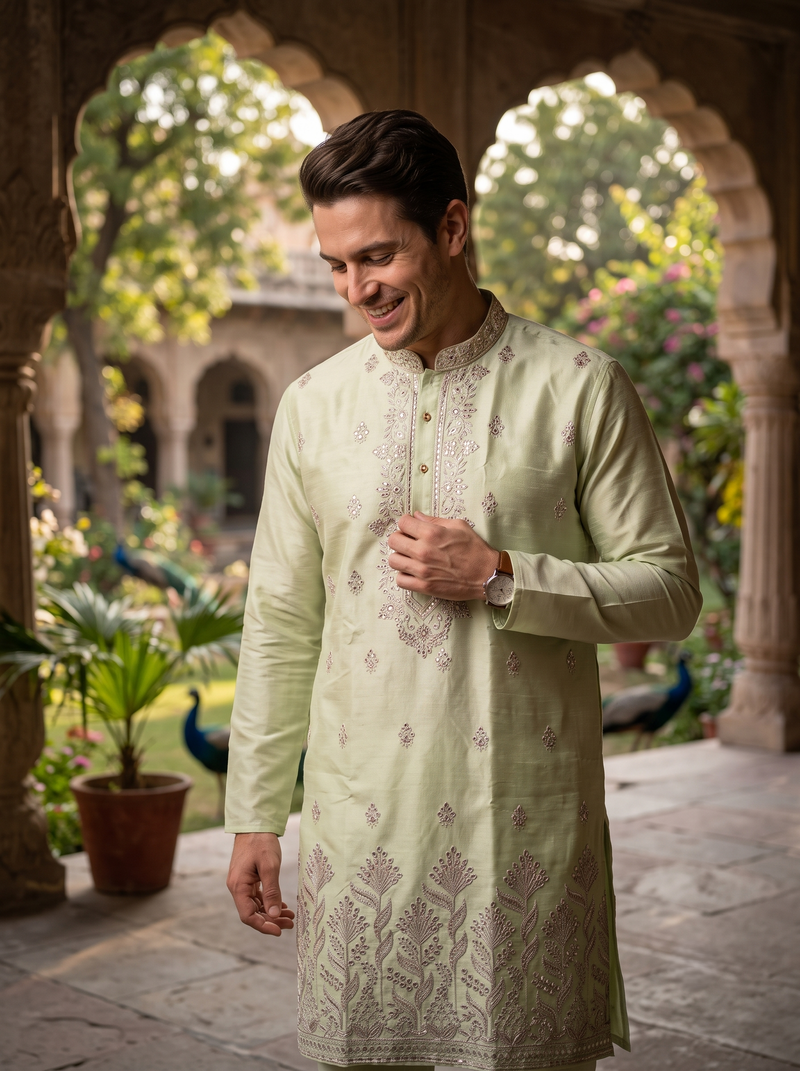 Men's Pistachio Green Embroidered Art Silk Kurta 3