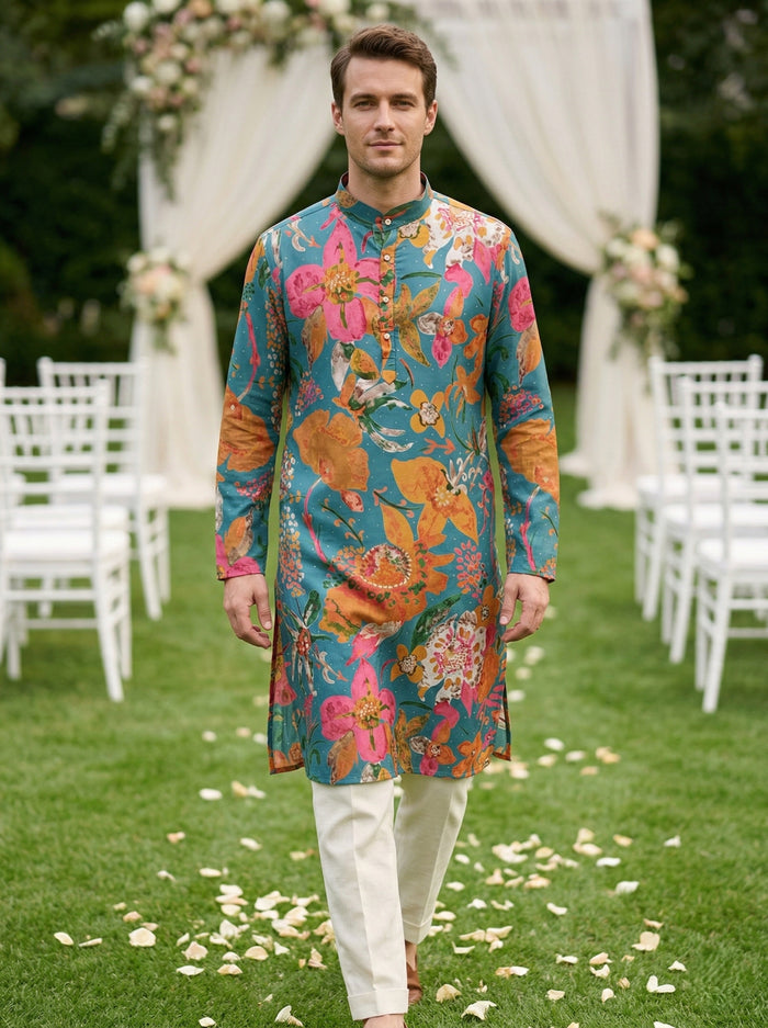 Men Teal Green Floral Printed Kurta 2
