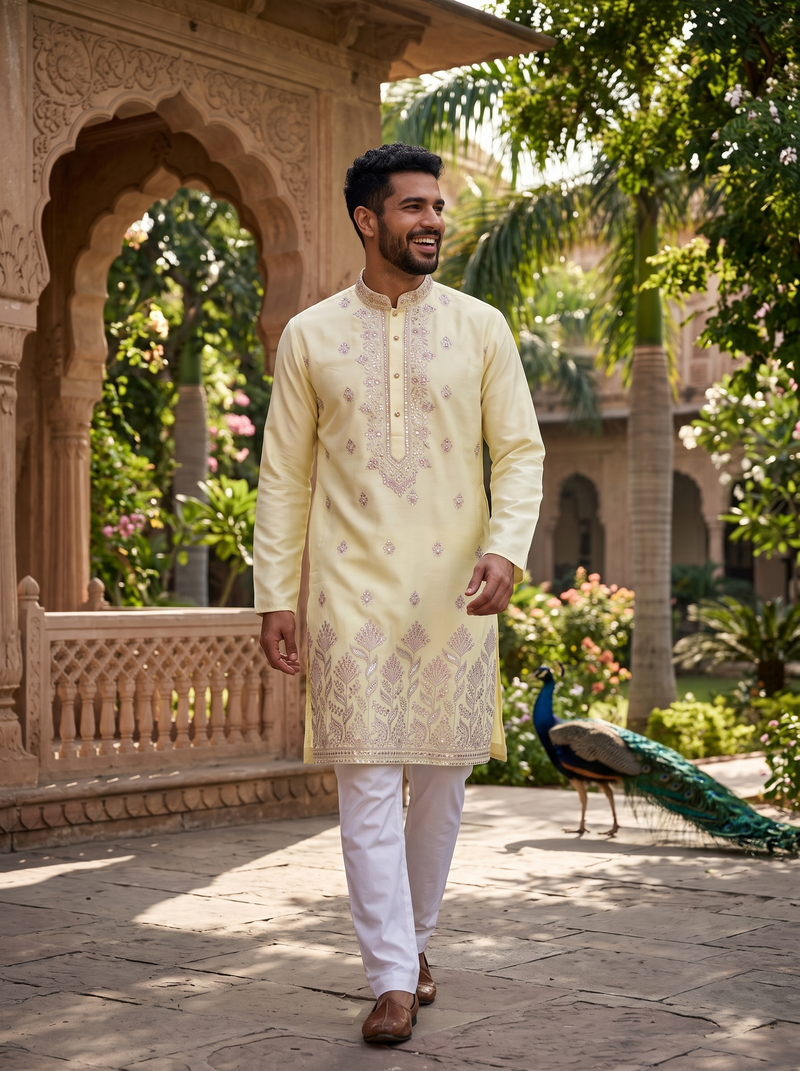 Men's Ivory Art Silk Blend Festive Embroidered Kurta 11