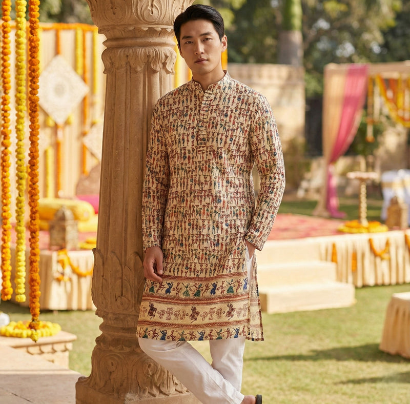 Men’s Cream Figurative Printed Kurta 5