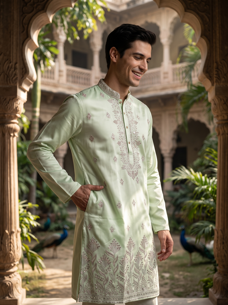 Men's Pistachio Green Embroidered Art Silk Kurta 4