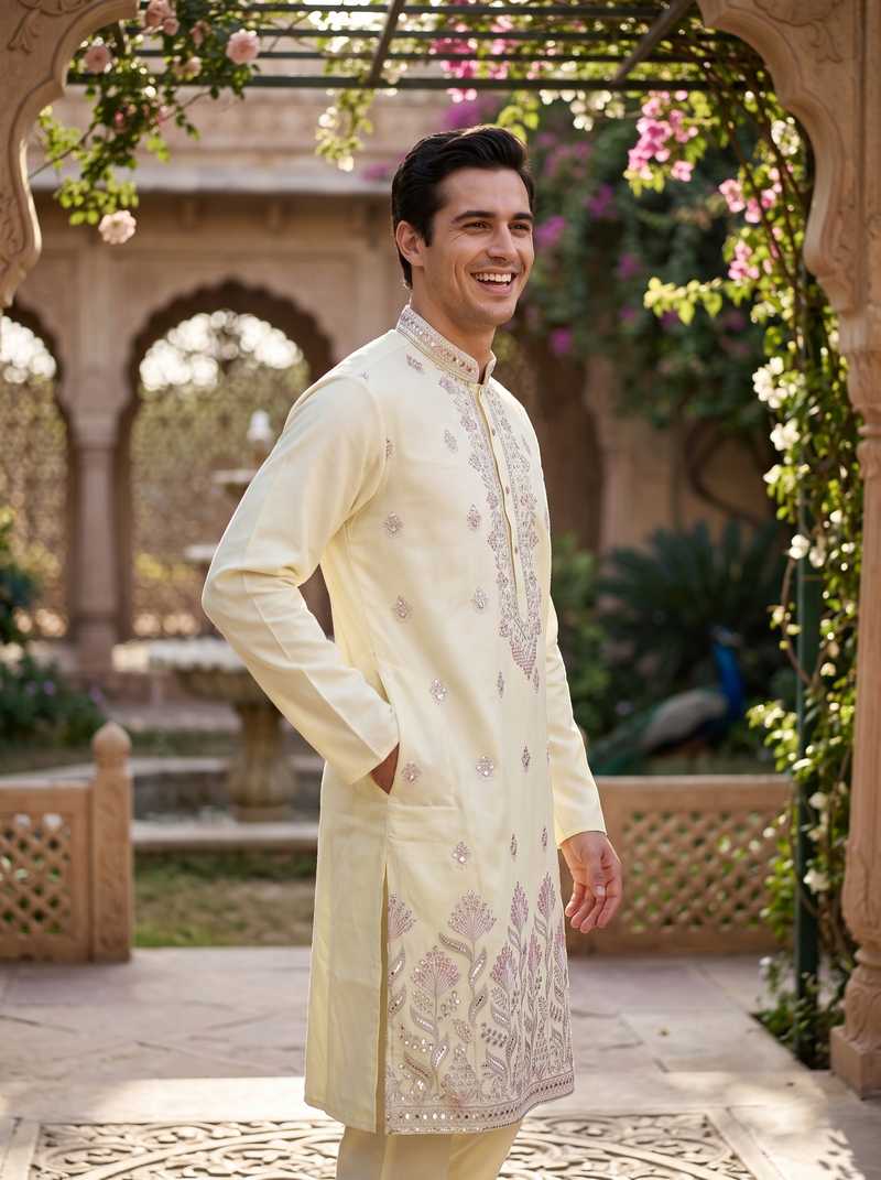 Men's Ivory Art Silk Blend Festive Embroidered Kurta 13