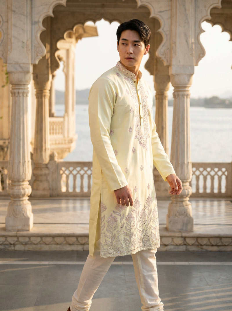Men's Ivory Art Silk Blend Festive Embroidered Kurta 6