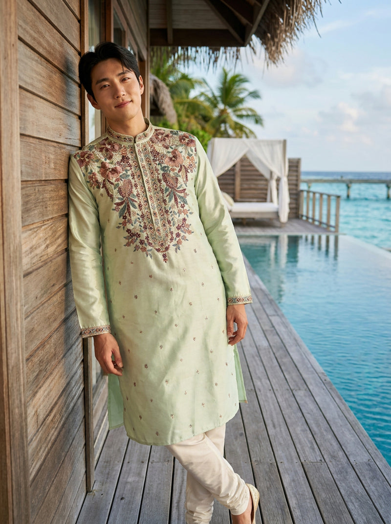 Men's Mint Green Art Silk Embroidered Festive Kurta 5