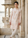 Men's Ivory Embroidered Art Silk Blend Festive Kurta
