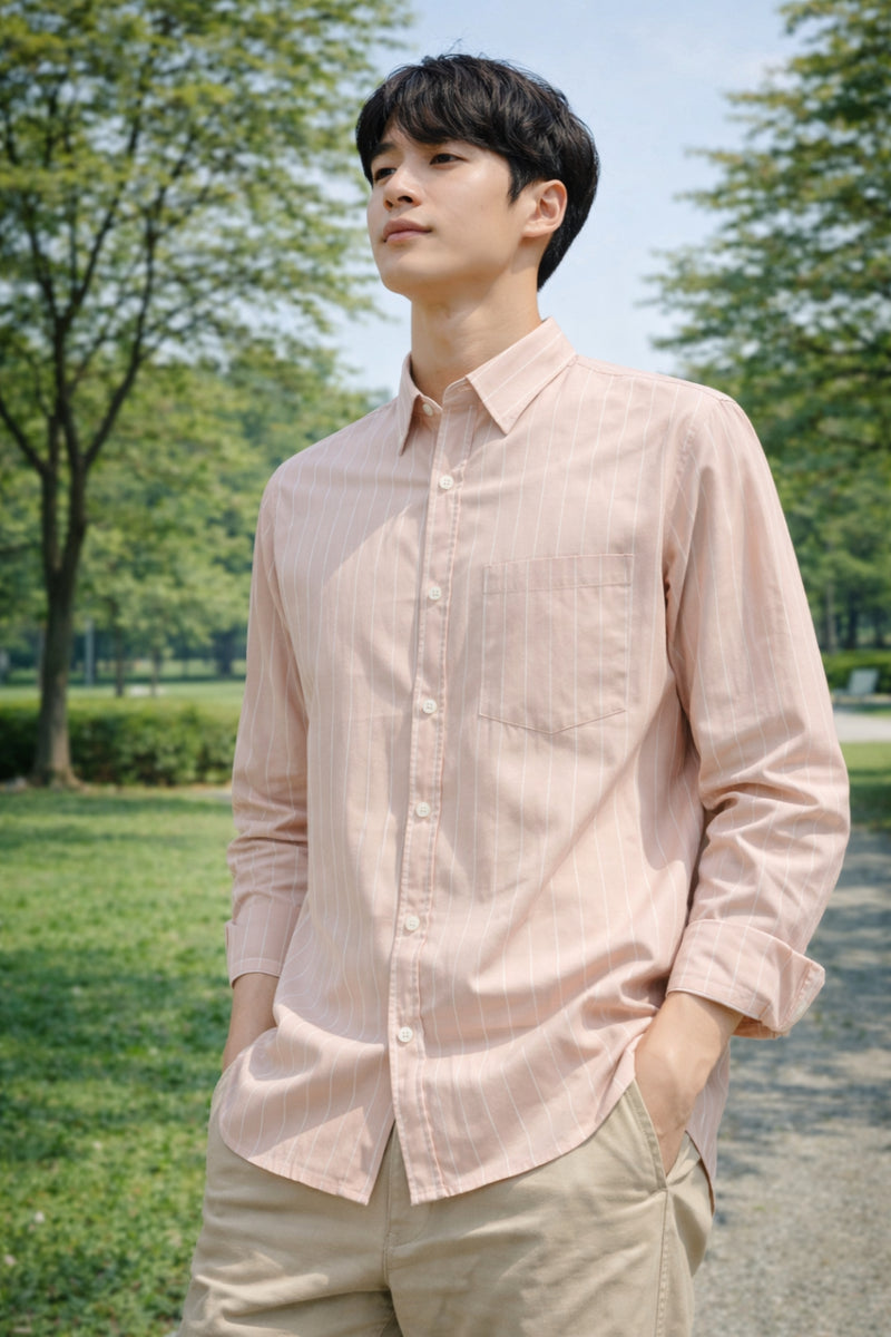 Mens Light Pink Striped Slim Fit Casual Shirt 7