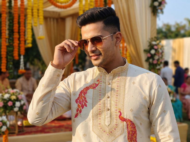 Men Cream Peacock Embroidered Ethnic Kurta with Floral Border 6