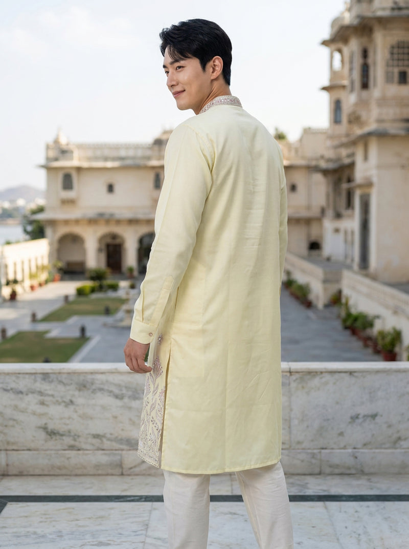 Men's Ivory Art Silk Blend Festive Embroidered Kurta 7
