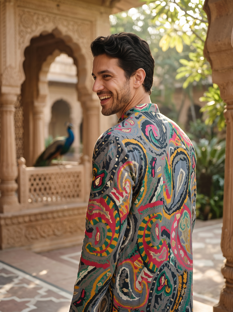 Men's Vibrant Multicolor Paisley Print Art Silk Blend Kurta 7