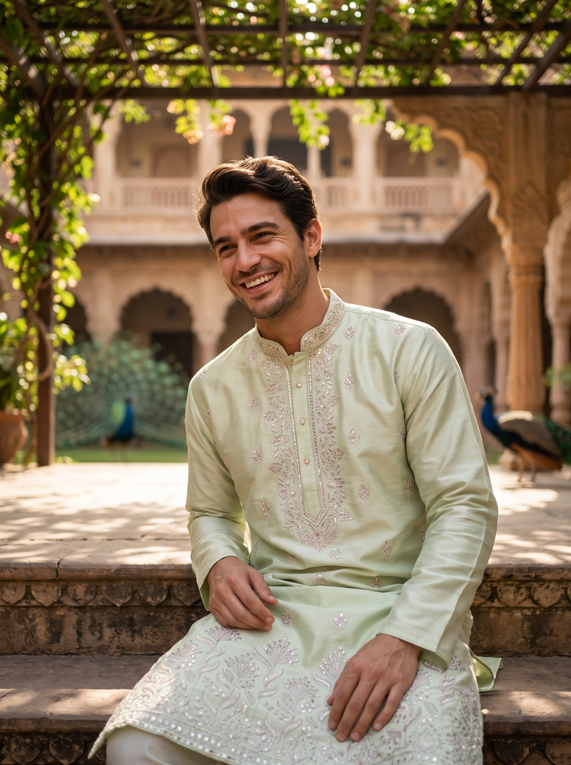 Men's Pistachio Green Embroidered Art Silk Kurta 7