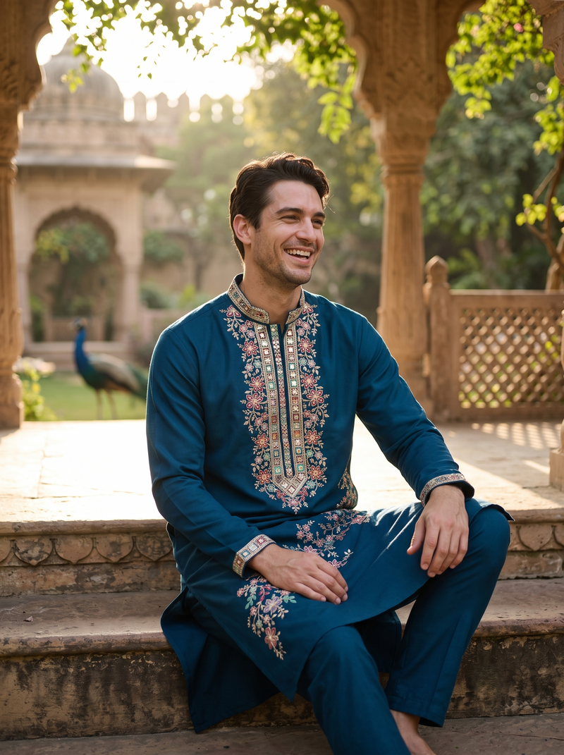 Men's Navy Blue Floral Embroidered Art Silk Blend Kurta Pyjama Set 7