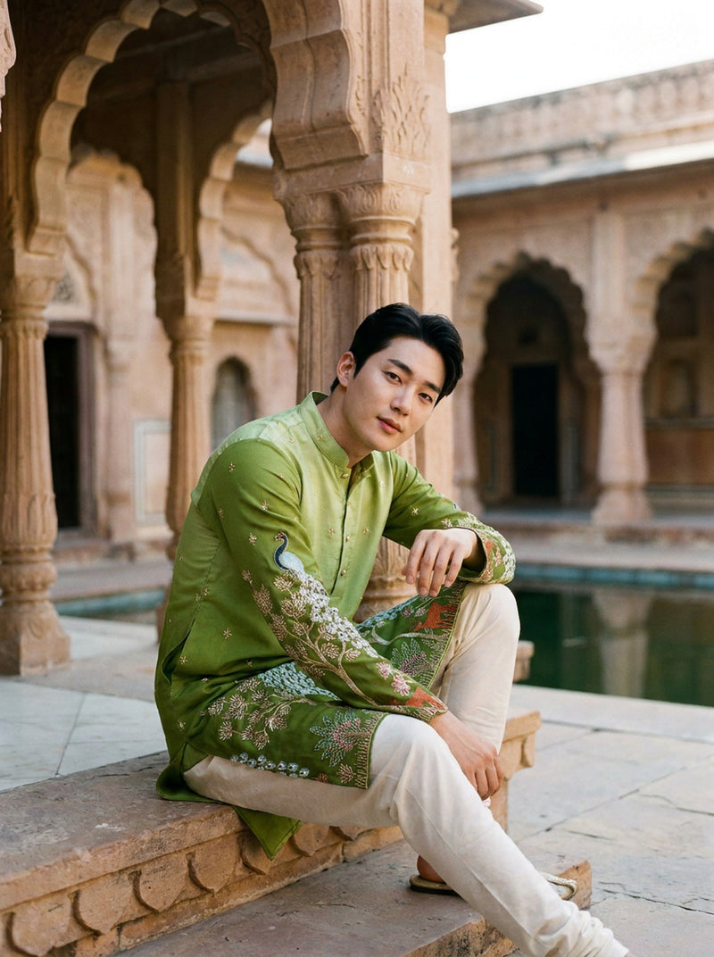 Men's Art Silk Ombre Green Tree of Life Embroidered Kurta 7
