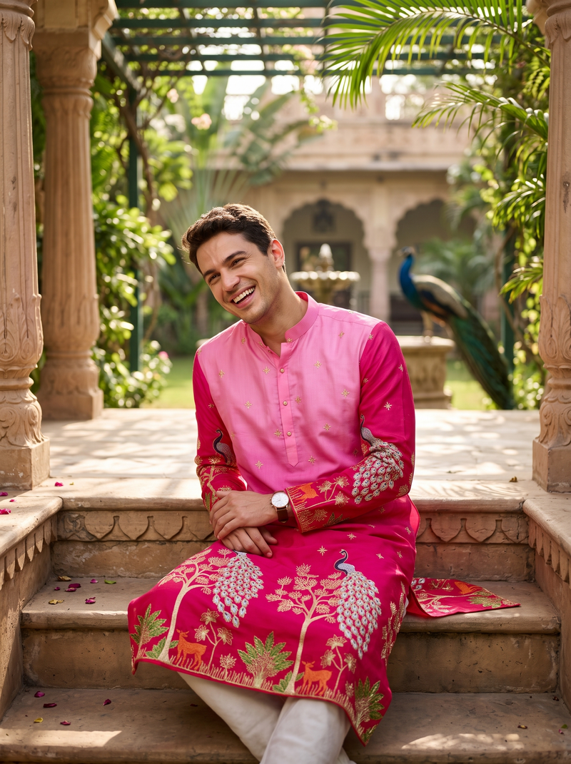 Men's Ombre Pink Peacock Embroidered Art Silk Kurta 7