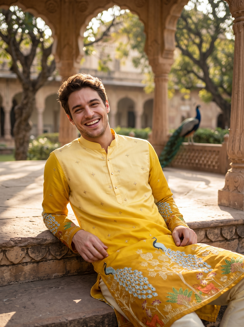 Men's Festive Yellow Ombre Art Silk Kurta with Peacock & Forest Embroidery 8