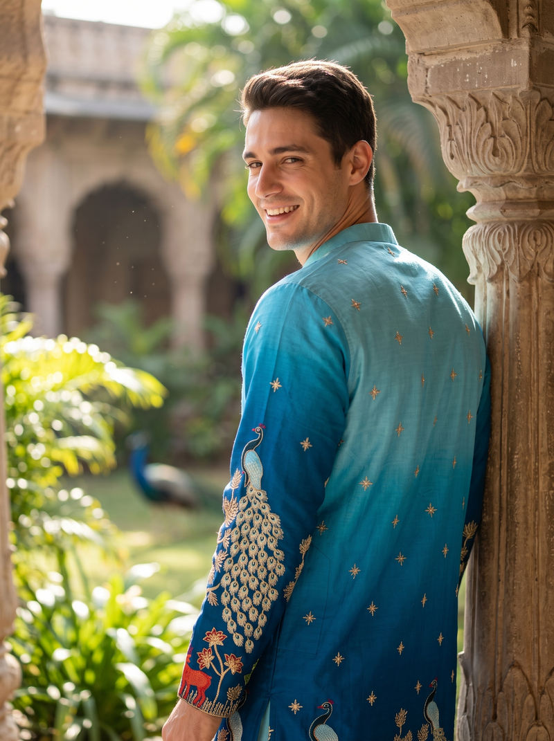 Men's Ombre Blue Peacock & Forest Embroidered Art Silk Kurta 5