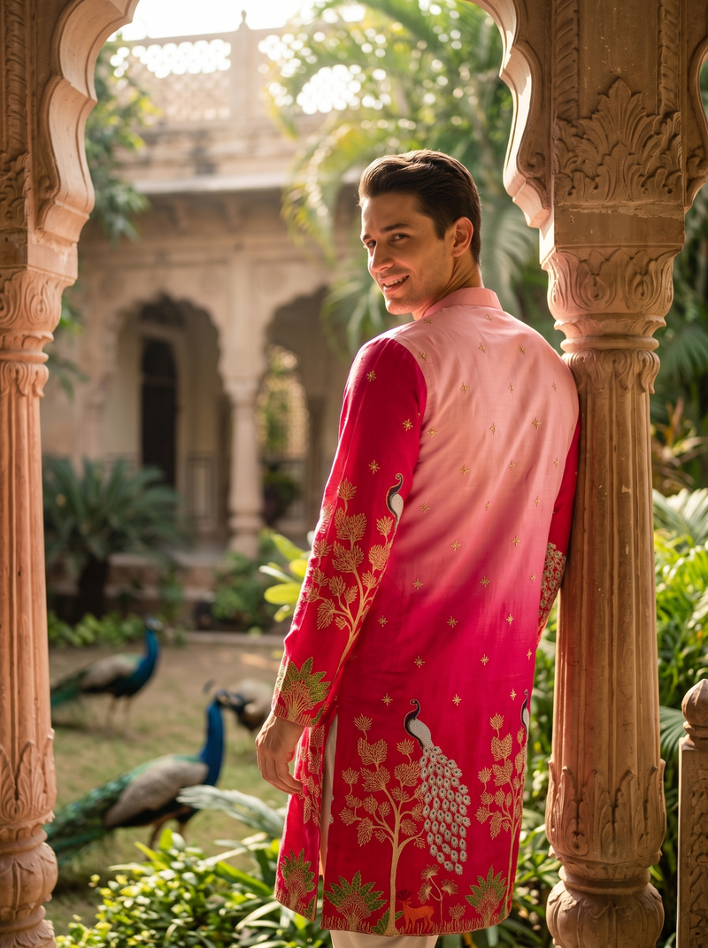 Men's Ombre Pink Peacock Embroidered Art Silk Kurta 8