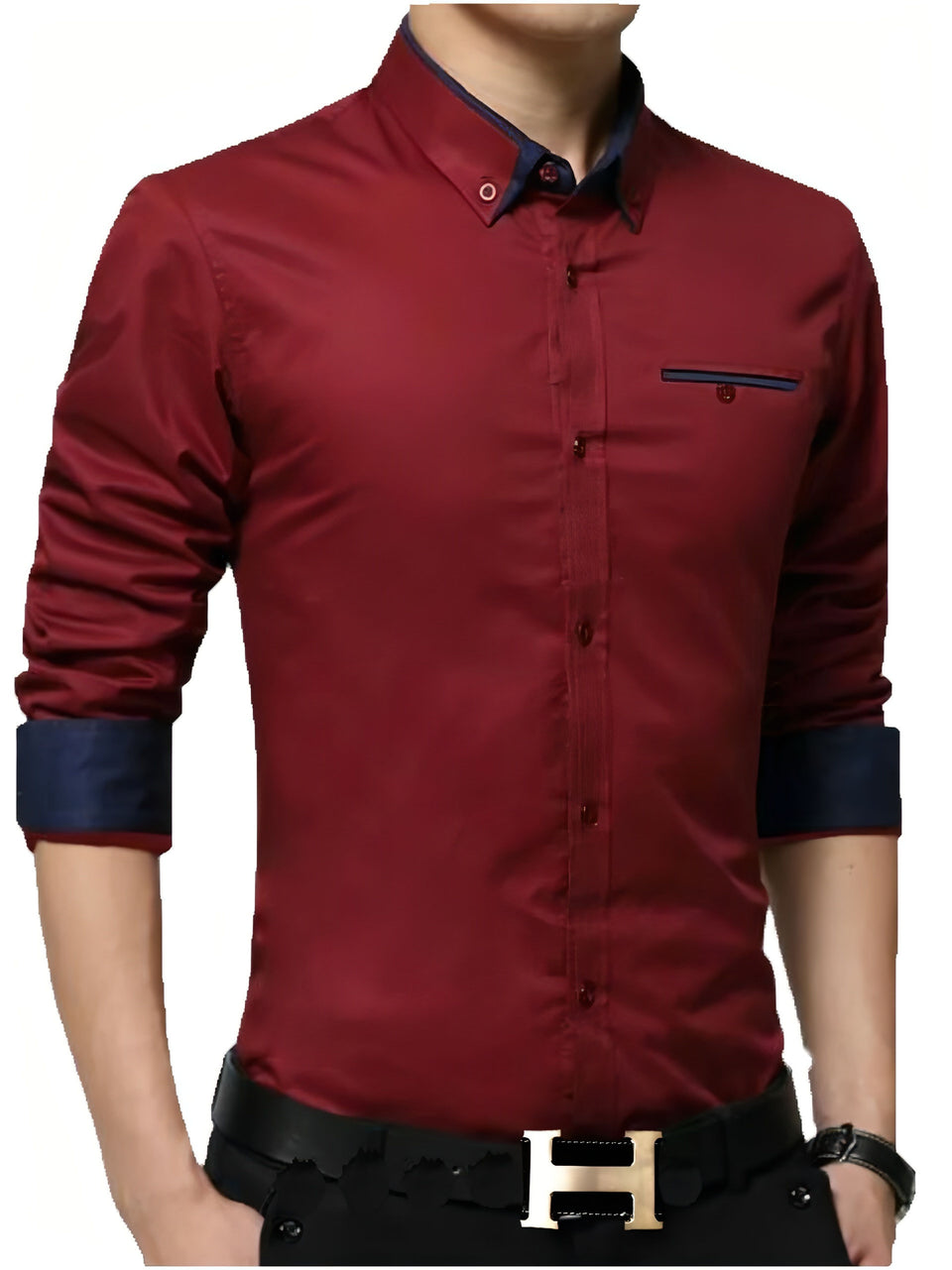 a man wearing a red shirt and black pants