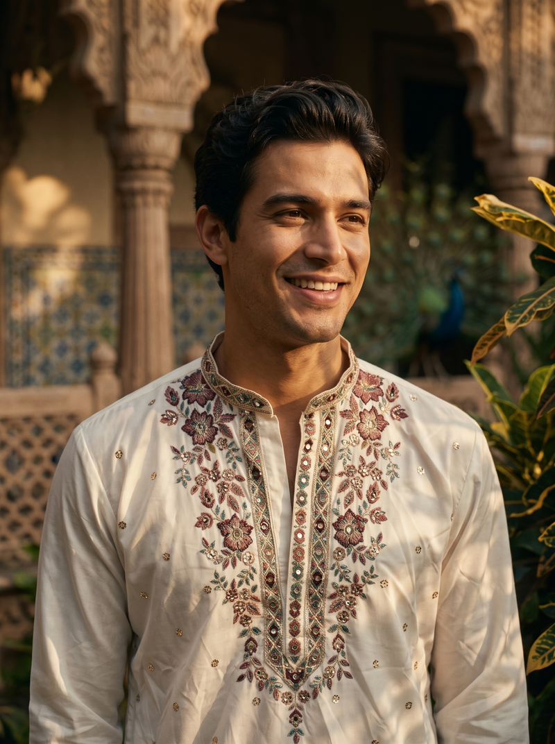 Men’s Ivory Floral Embroidered Festive Kurta 2