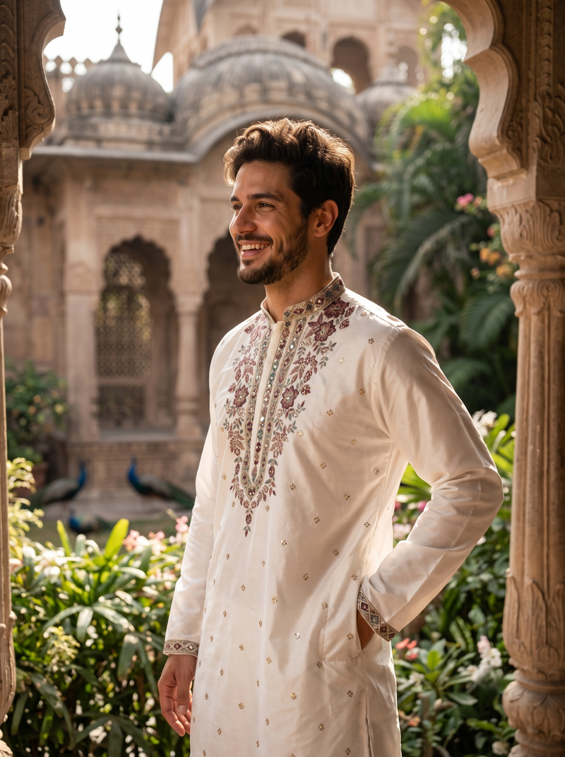 Men’s Ivory Floral Embroidered Festive Kurta 6