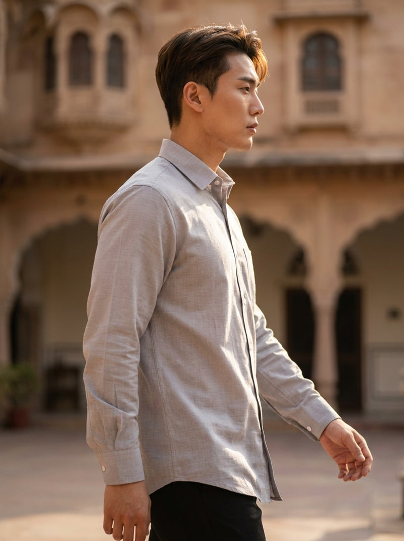 Men's Light Grey Thick Cotton-Linen Slim Fit Shirt 4