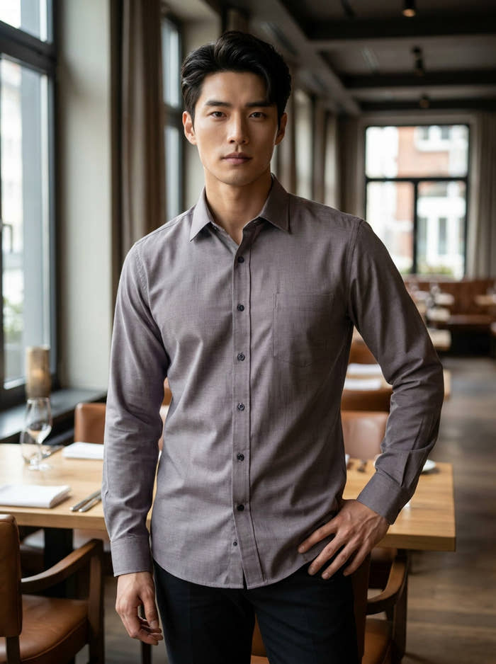 Men's Taupe Grey Thick Cotton-Linen Slim Fit Shirt 2