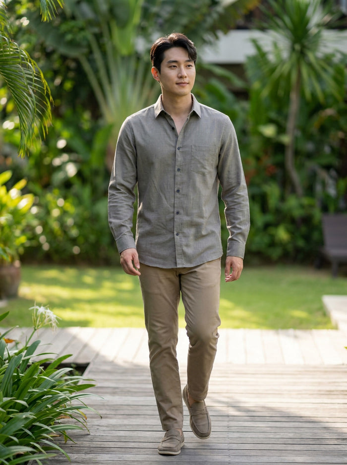 Men's Stone Grey Thick Cotton-Linen Slim Fit Shirt 2