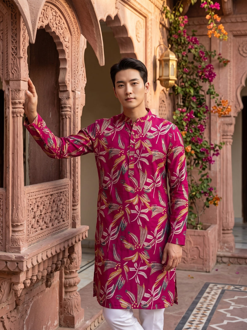 Men's Fuchsia Botanical Leaf Print Festive Kurta 7