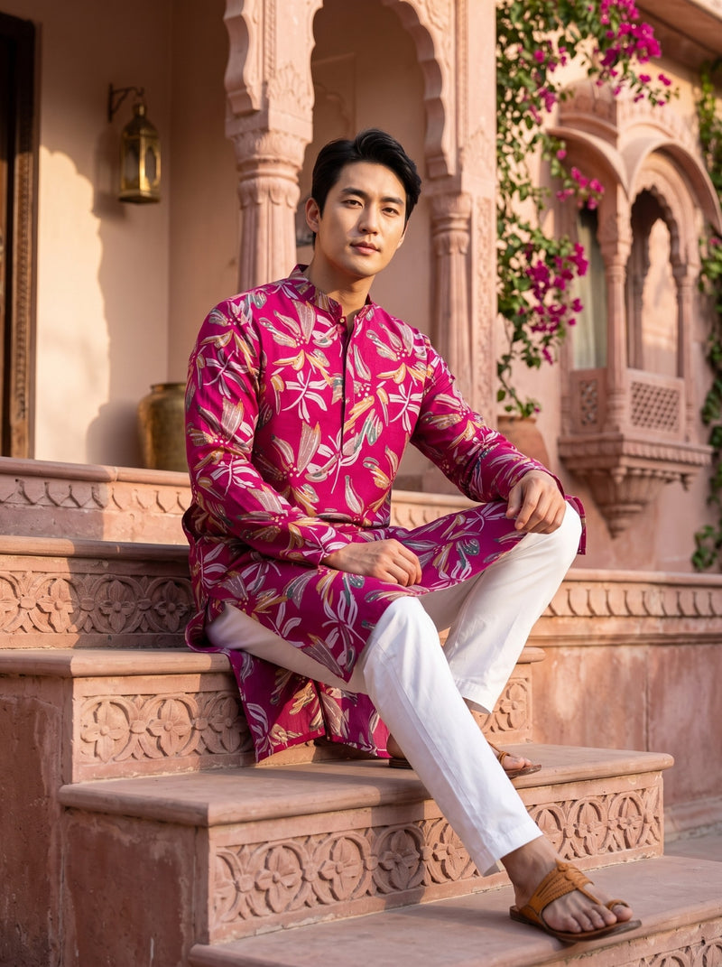 Men's Fuchsia Botanical Leaf Print Festive Kurta 8