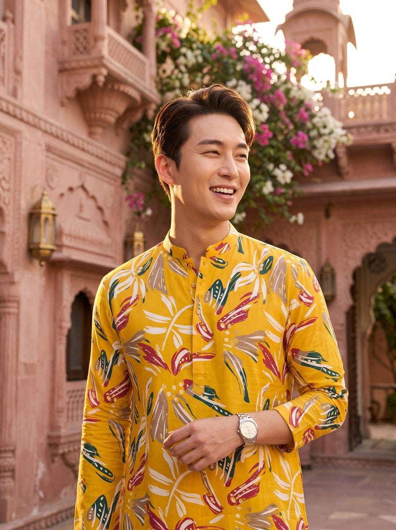 Men's Mustard Yellow Multicolor Botanical Print Festive Kurta 2