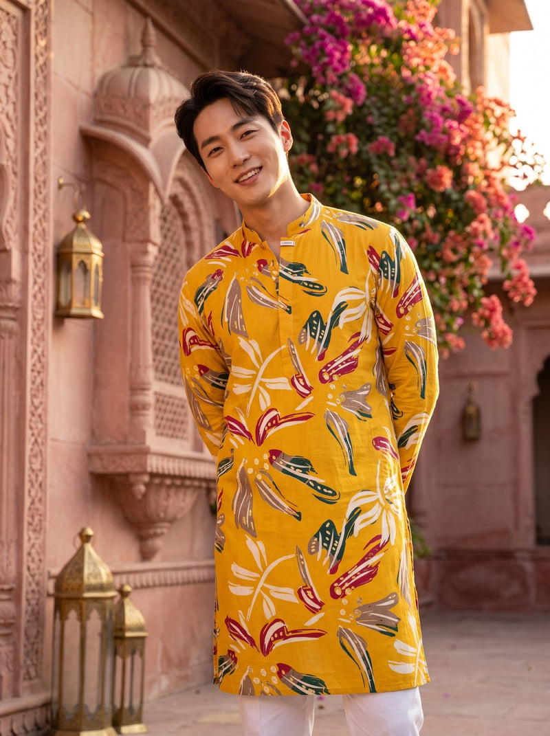 Men's Mustard Yellow Multicolor Botanical Print Festive Kurta 1